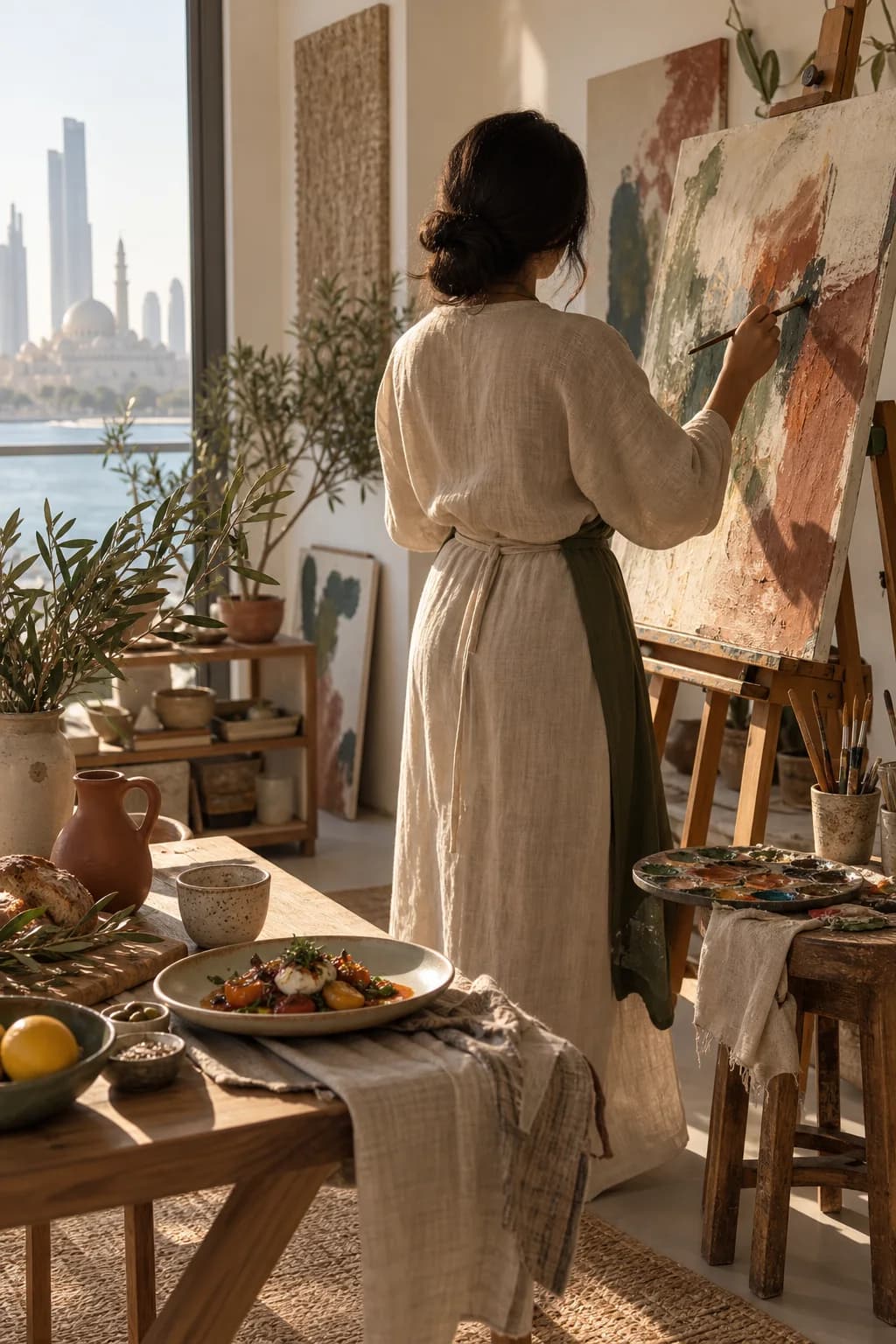 Artist shown from behind at an easel in a warm studio