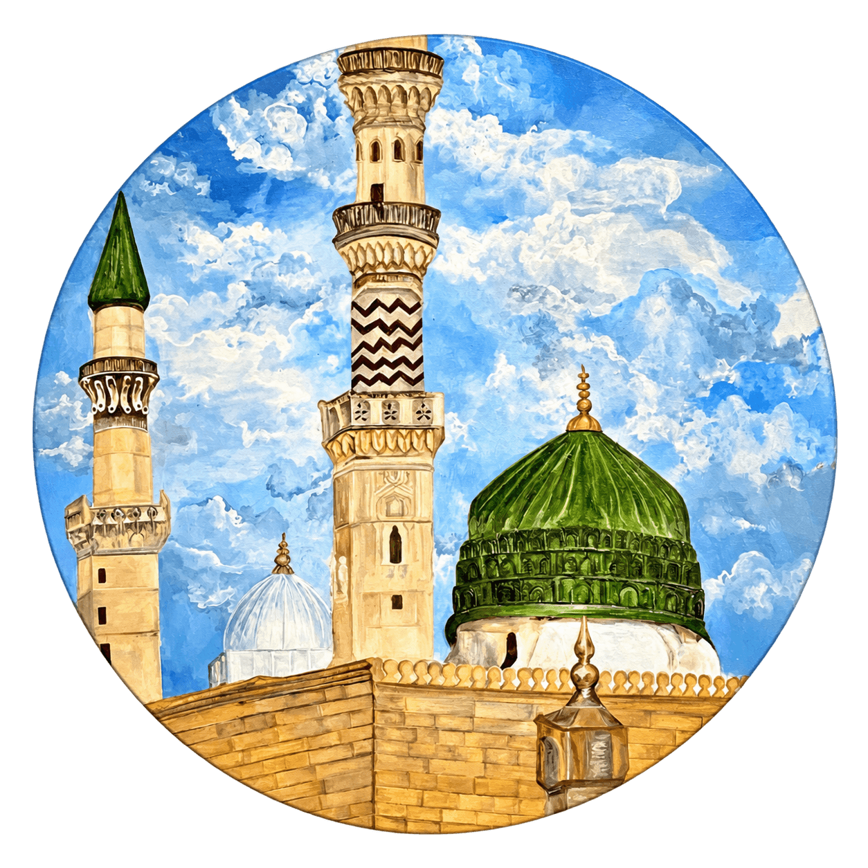 Framed Arabic calligraphy artwork in brown over green and yellow